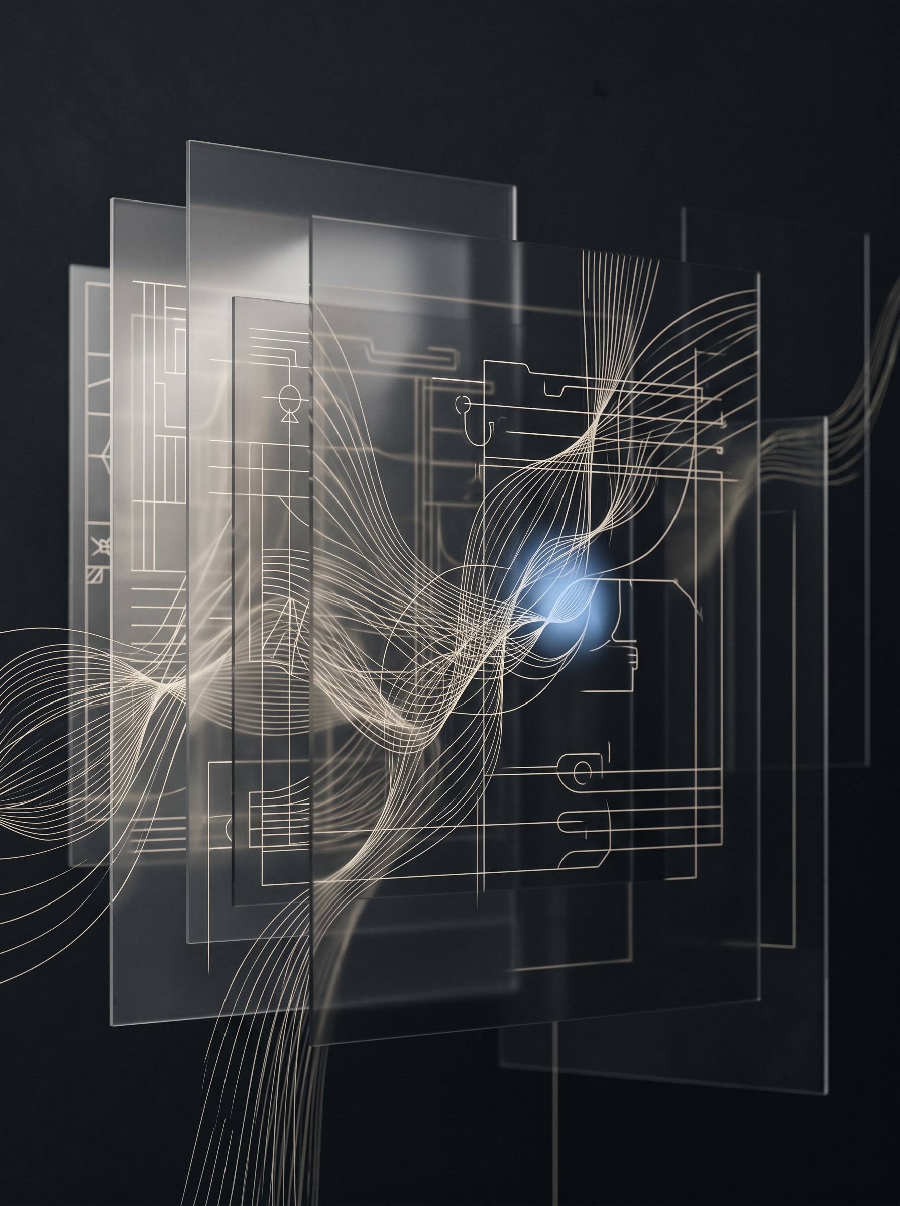Abstract layered technical notes and flowing linework